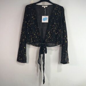 Cloud Ten Sheer Star Print Tie Crop Top, Size S - Black/Gold Women's